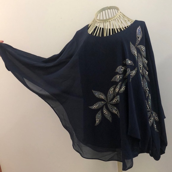 Caroline Morgan Tops - Caroline Morgan navy beaded batwing style top.
